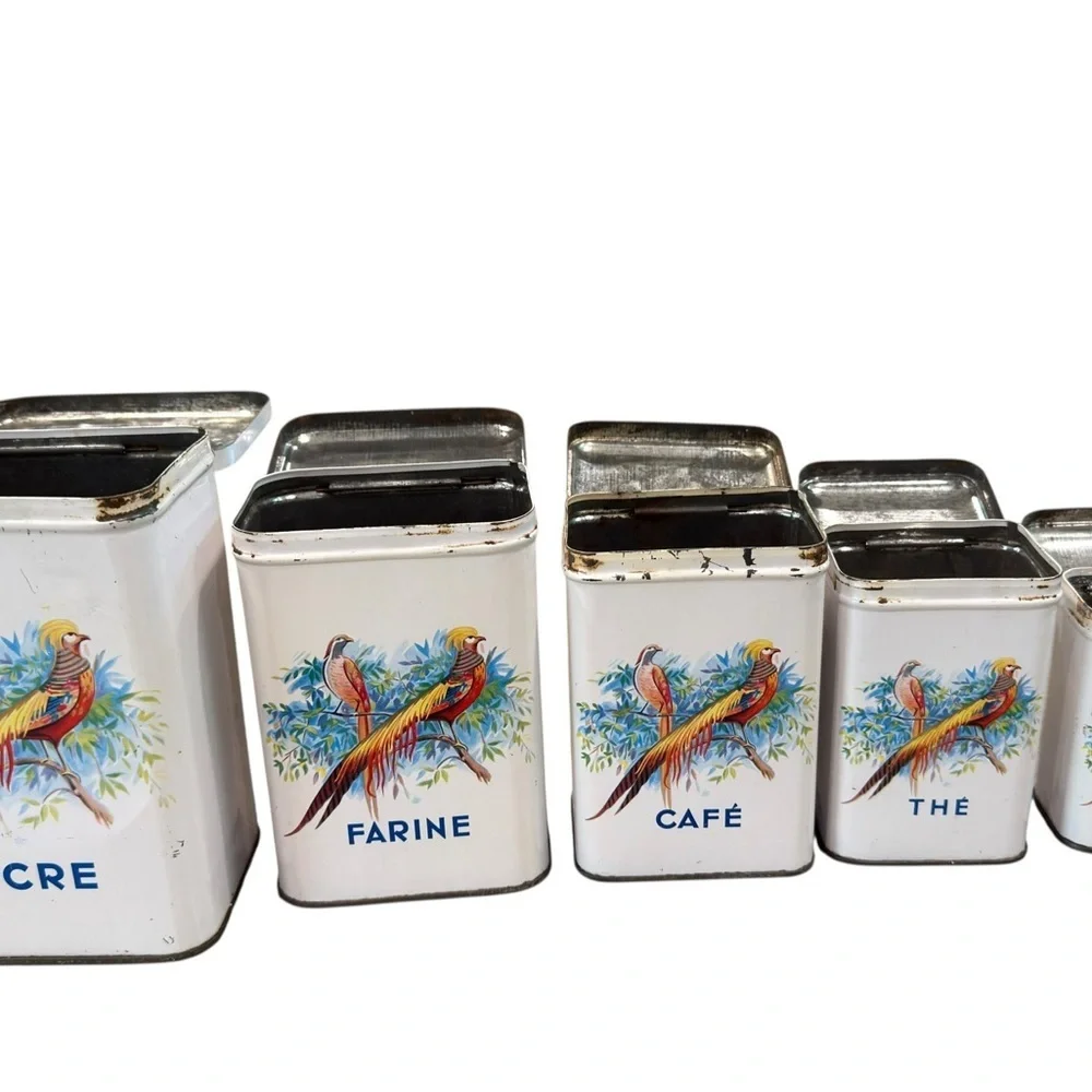 Antique kitchen Canisters Set of 5 Stackable  French 1920’s Tin With Lids As is